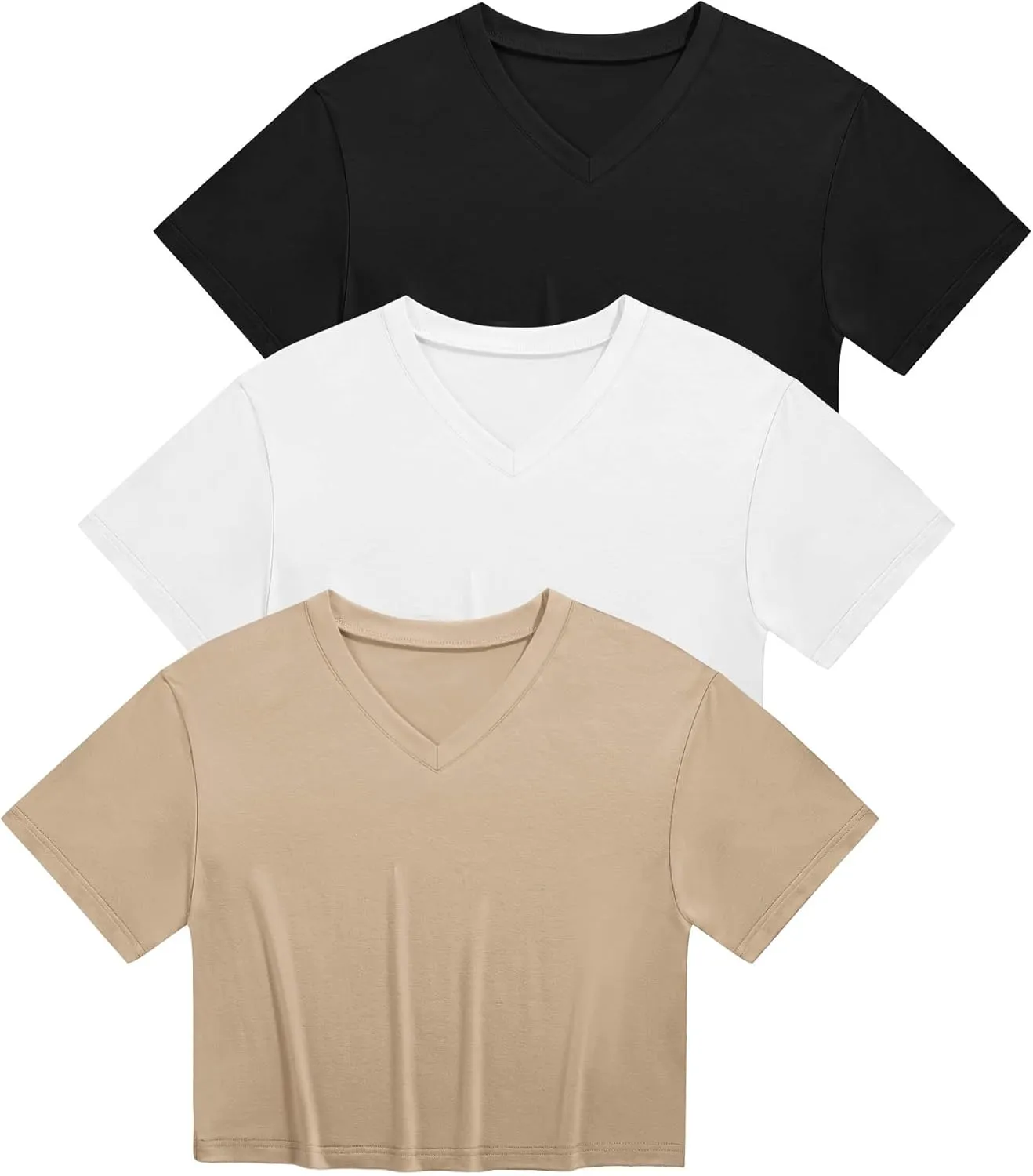 Ficerd 3 Pack Cotton Women's V Neck Crop Tops Half Sleeve Drop Shoulder Basics Cropped Top Boxy Tees for Girls