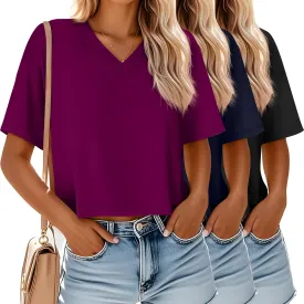 Ficerd 3 Pack Cotton Women's V Neck Crop Tops Half Sleeve Drop Shoulder Basics Cropped Top Boxy Tees for Girls