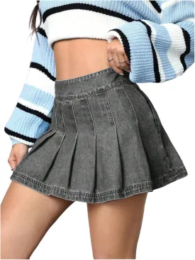 Floerns Women's Casual High Waisted Pleated Hem Zipper Up Denim Skirt Short Skirts