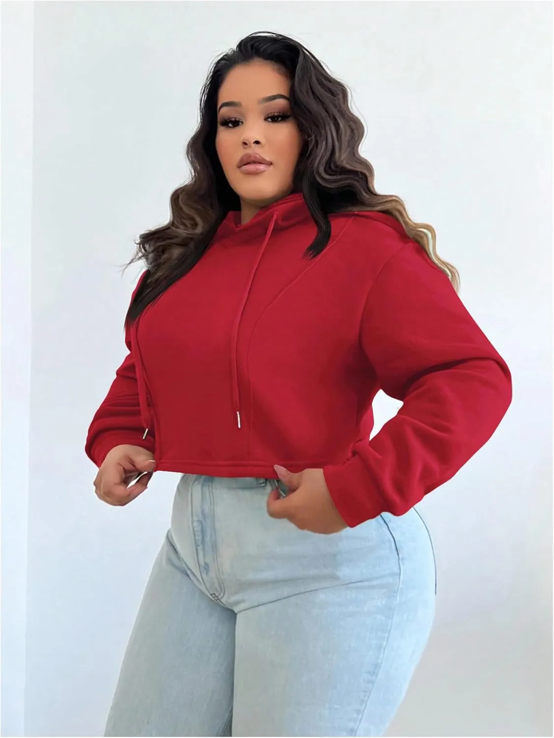 Floerns Women's Plus Size Drawstring Cropped Hoodies Long Sleeve Drop Shoulder Pullover Sweatshirts