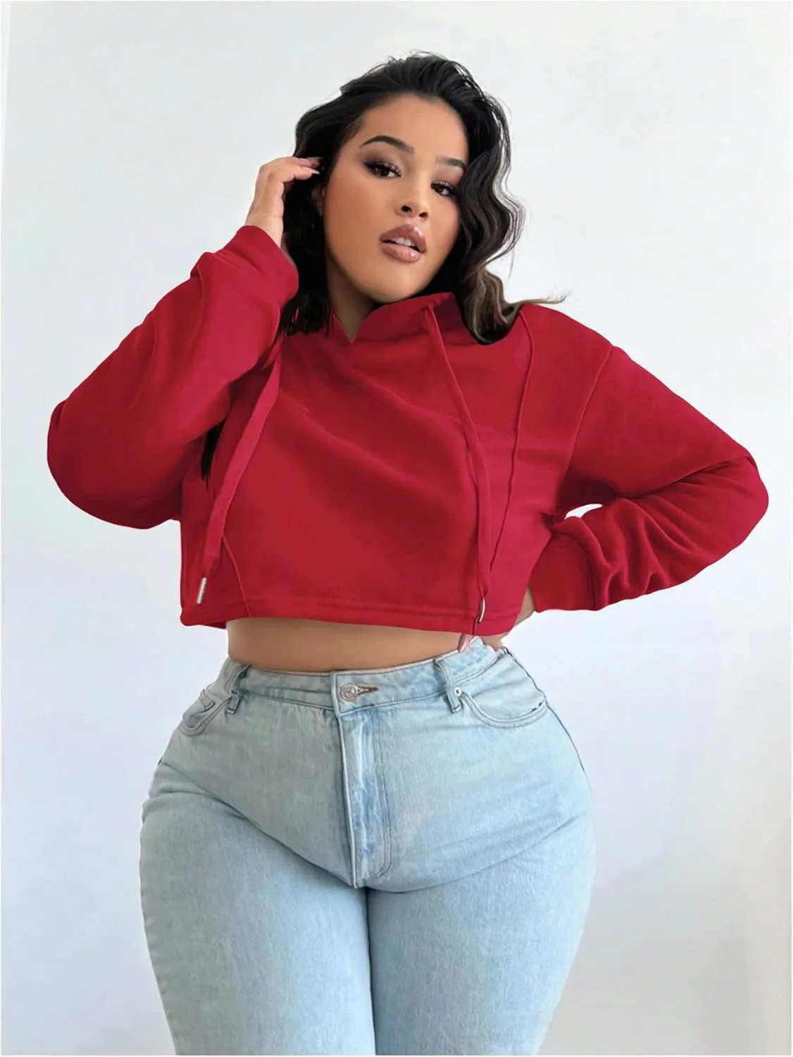 Floerns Women's Plus Size Drawstring Cropped Hoodies Long Sleeve Drop Shoulder Pullover Sweatshirts