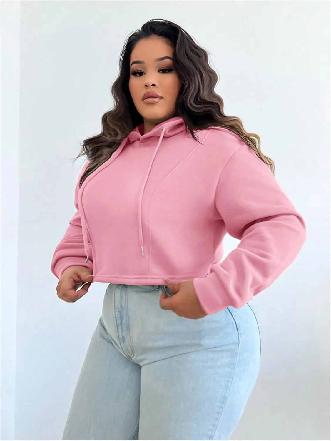 Floerns Women's Plus Size Drawstring Cropped Hoodies Long Sleeve Drop Shoulder Pullover Sweatshirts