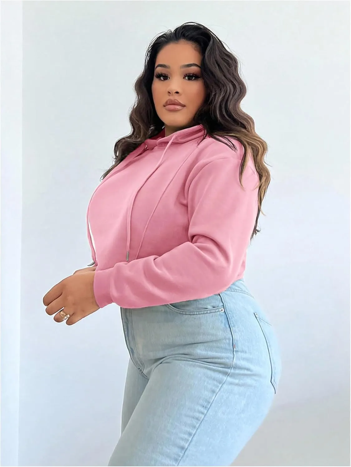 Floerns Women's Plus Size Drawstring Cropped Hoodies Long Sleeve Drop Shoulder Pullover Sweatshirts