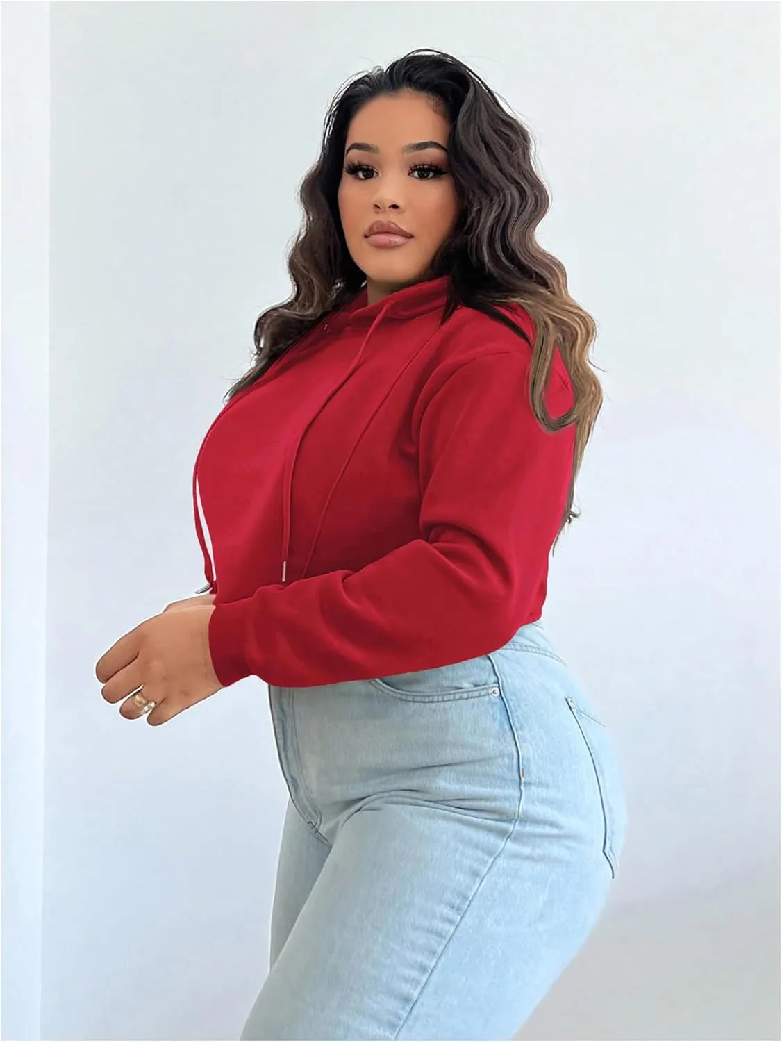 Floerns Women's Plus Size Drawstring Cropped Hoodies Long Sleeve Drop Shoulder Pullover Sweatshirts