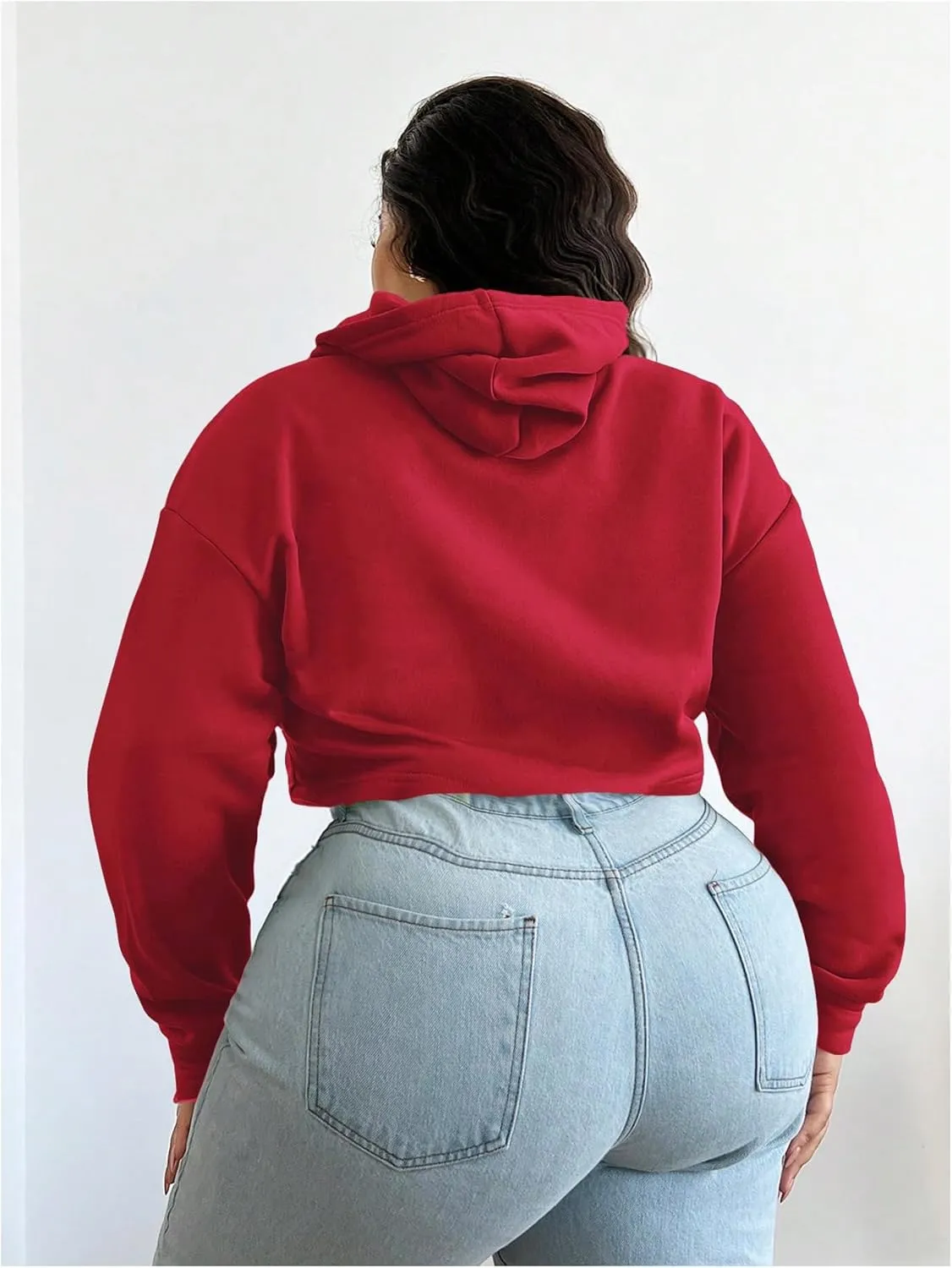 Floerns Women's Plus Size Drawstring Cropped Hoodies Long Sleeve Drop Shoulder Pullover Sweatshirts