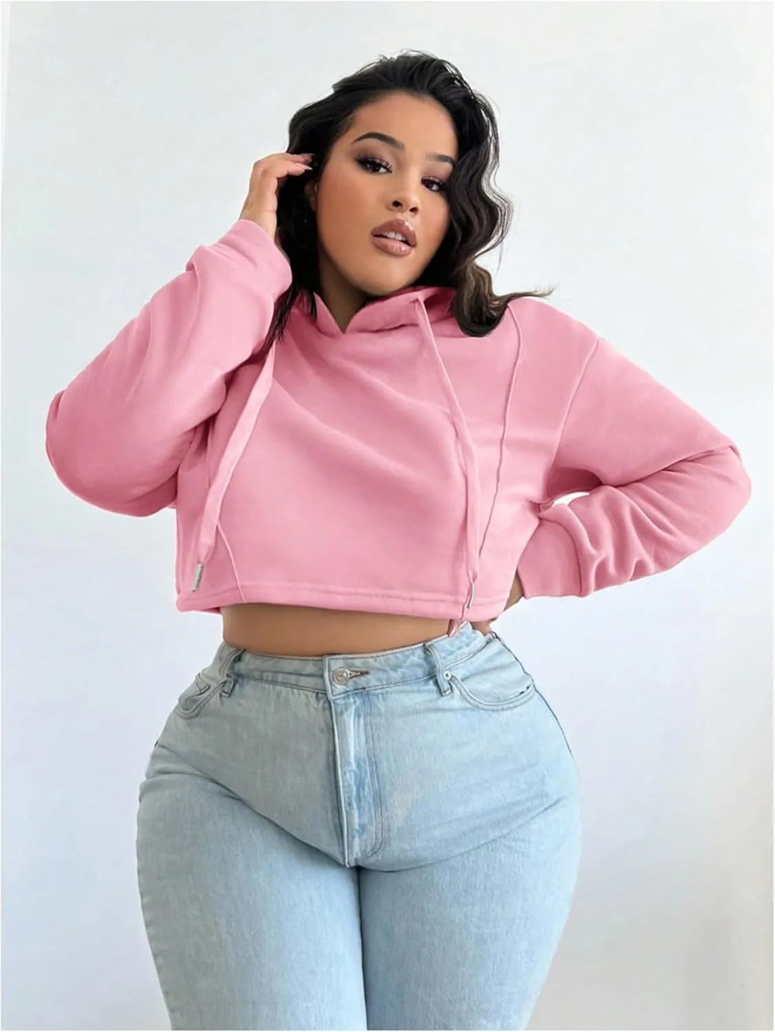 Floerns Women's Plus Size Drawstring Cropped Hoodies Long Sleeve Drop Shoulder Pullover Sweatshirts