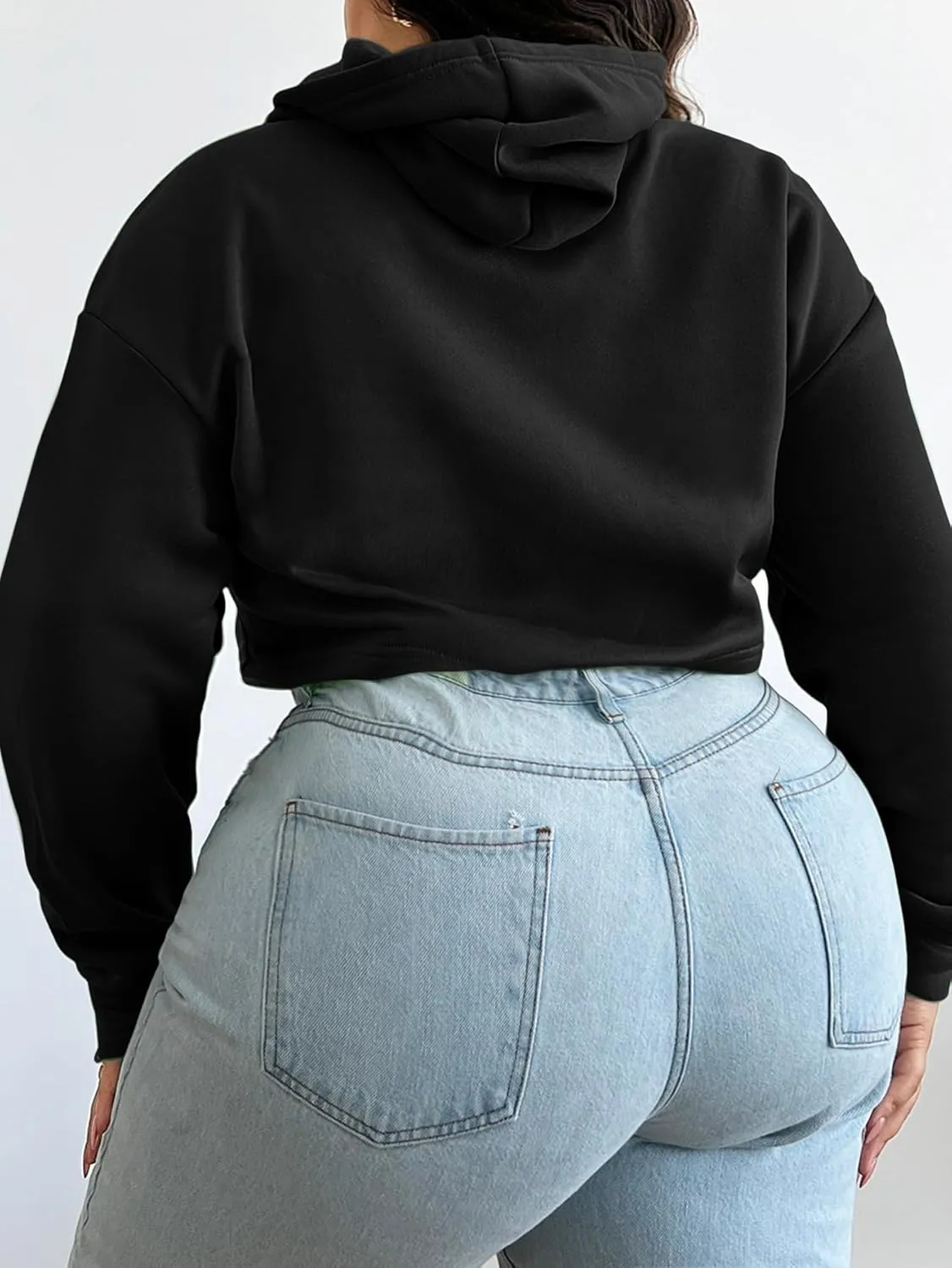 Floerns Women's Plus Size Drawstring Cropped Hoodies Long Sleeve Drop Shoulder Pullover Sweatshirts