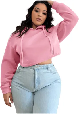 Floerns Women's Plus Size Drawstring Cropped Hoodies Long Sleeve Drop Shoulder Pullover Sweatshirts