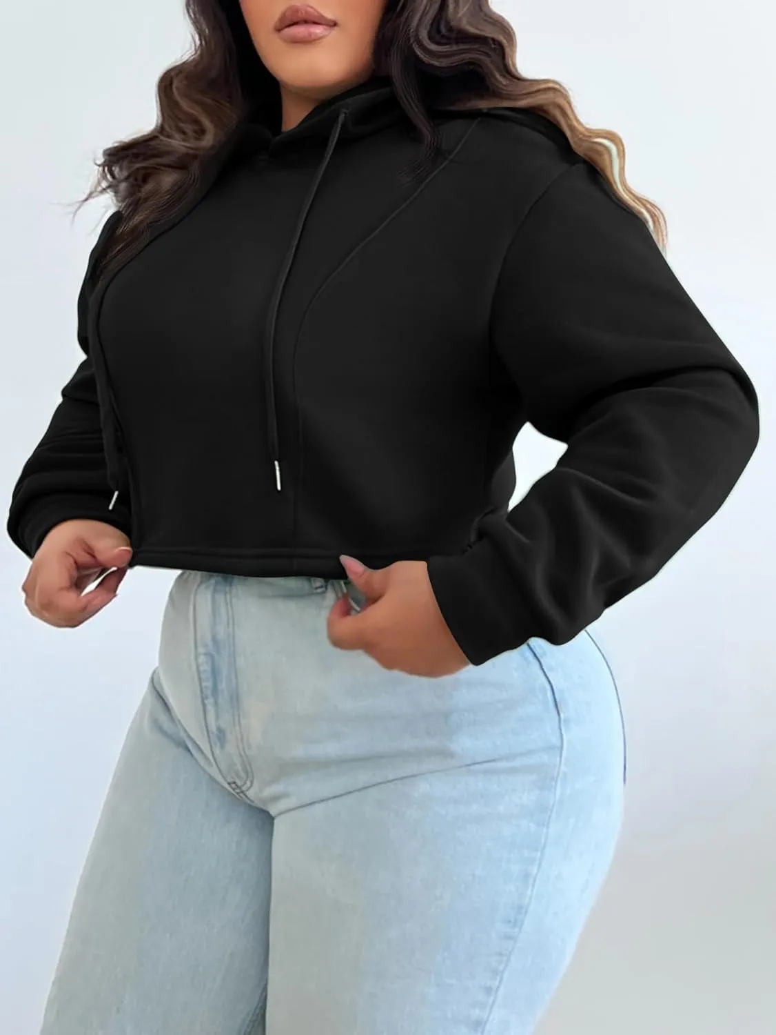 Floerns Women's Plus Size Drawstring Cropped Hoodies Long Sleeve Drop Shoulder Pullover Sweatshirts