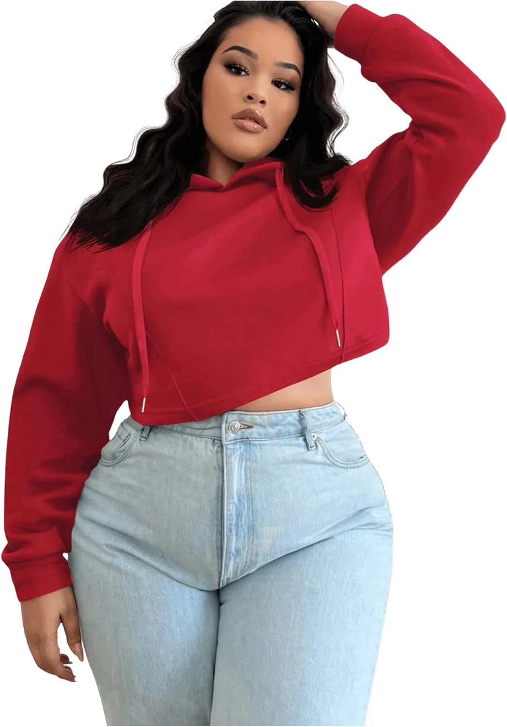 Floerns Women's Plus Size Drawstring Cropped Hoodies Long Sleeve Drop Shoulder Pullover Sweatshirts