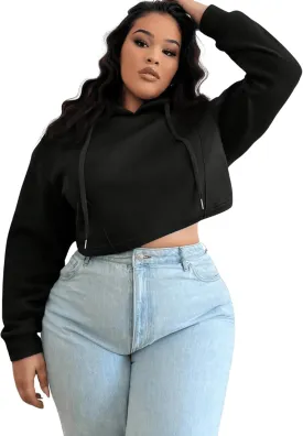 Floerns Women's Plus Size Drawstring Cropped Hoodies Long Sleeve Drop Shoulder Pullover Sweatshirts