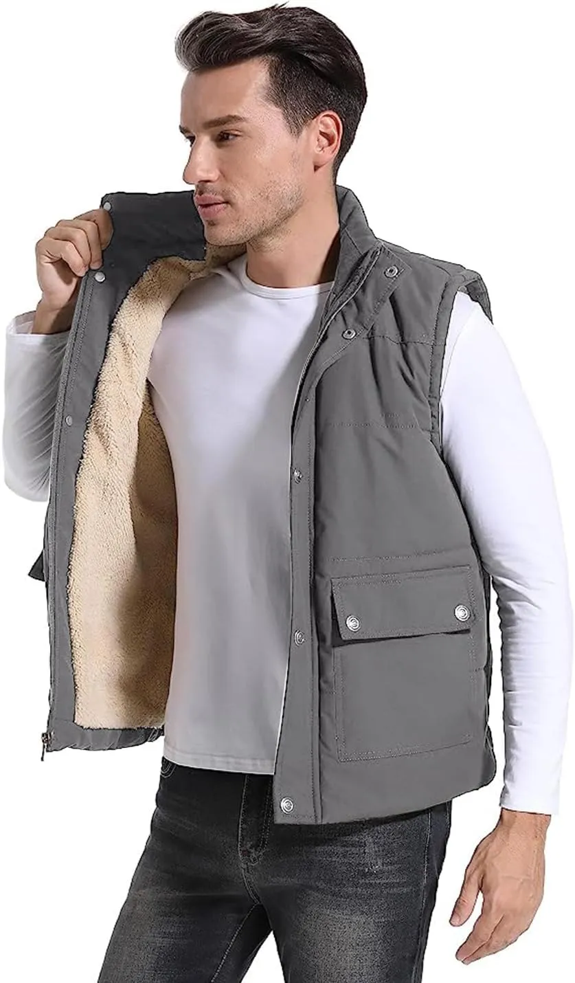 Flygo Men's Winter Warm Outdoor Padded Puffer Vest Thick Fleece Lined Sleeveless Jacket
