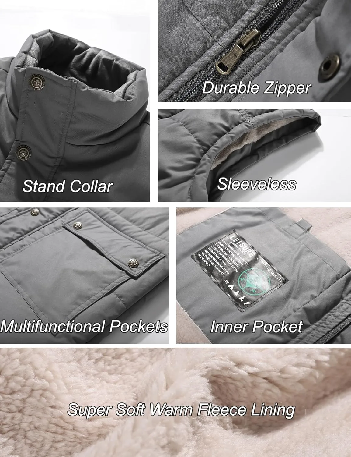 Flygo Men's Winter Warm Outdoor Padded Puffer Vest Thick Fleece Lined Sleeveless Jacket