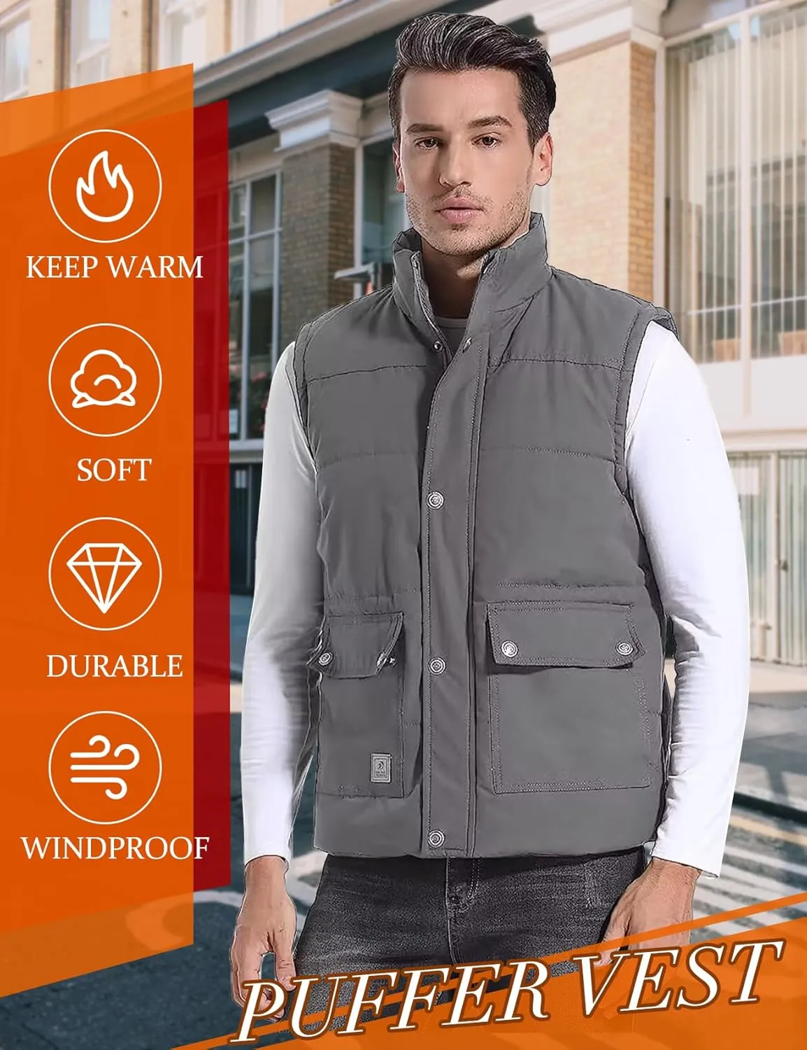 Flygo Men's Winter Warm Outdoor Padded Puffer Vest Thick Fleece Lined Sleeveless Jacket