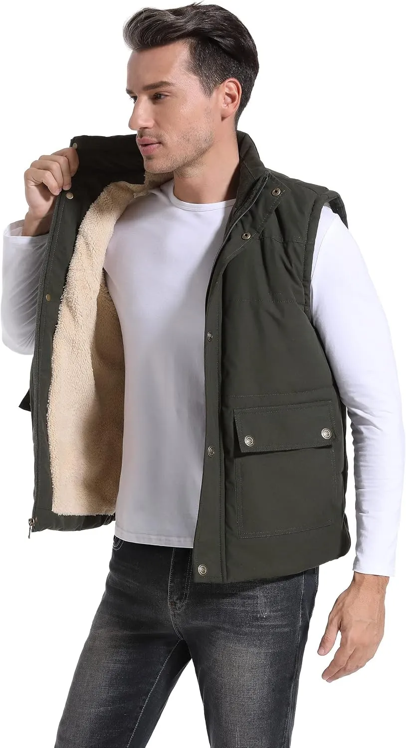 Flygo Men's Winter Warm Outdoor Padded Puffer Vest Thick Fleece Lined Sleeveless Jacket