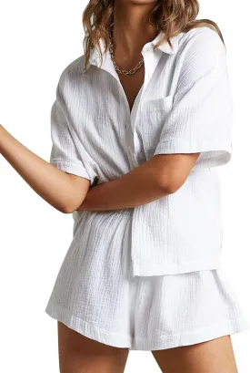 Flygo Womens Casual 2 Piece Outfits Cotton Linen Sets Button Down Shirt Shorts Resort Wear 2025 Pajama Beach Coverup Set
