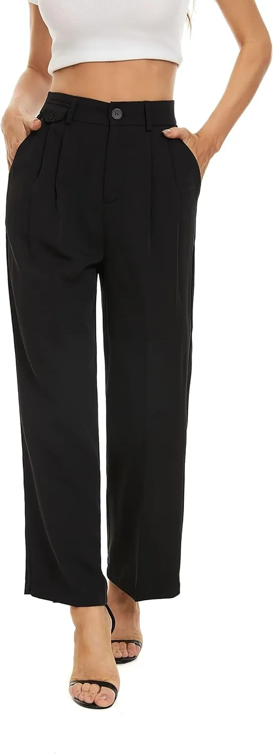 FUNYYZO Women's Loose Pleated Front Long Pants Wide Leg Trousers Solid Causal Dressy