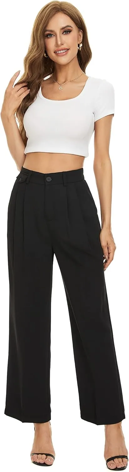 FUNYYZO Women's Loose Pleated Front Long Pants Wide Leg Trousers Solid Causal Dressy