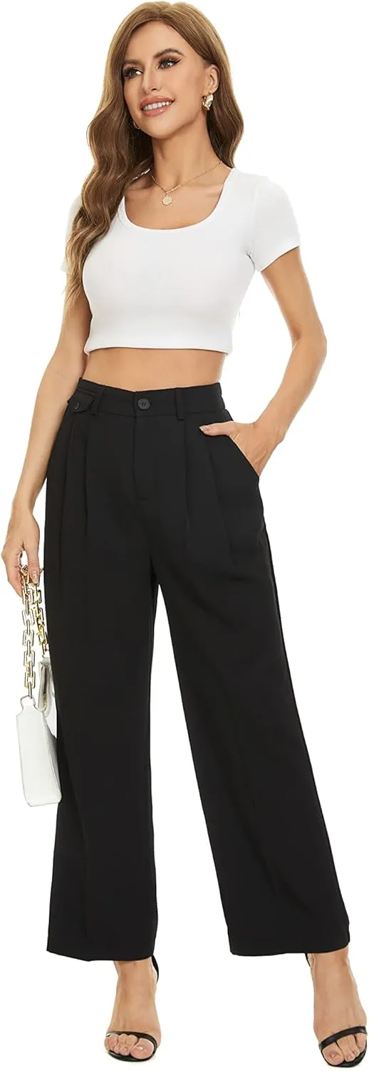 FUNYYZO Women's Loose Pleated Front Long Pants Wide Leg Trousers Solid Causal Dressy