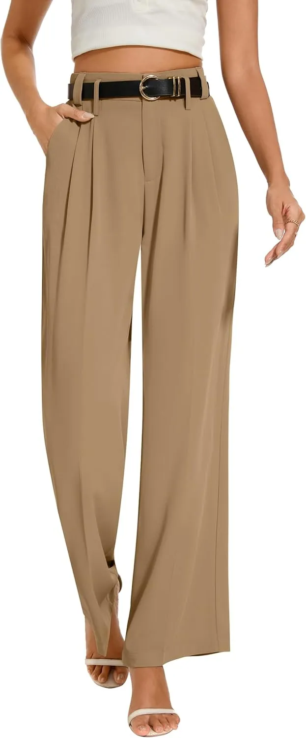FUNYYZO Women's Loose Pleated Front Long Pants Wide Leg Trousers Solid Causal Dressy