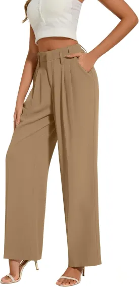 FUNYYZO Women's Loose Pleated Front Long Pants Wide Leg Trousers Solid Causal Dressy