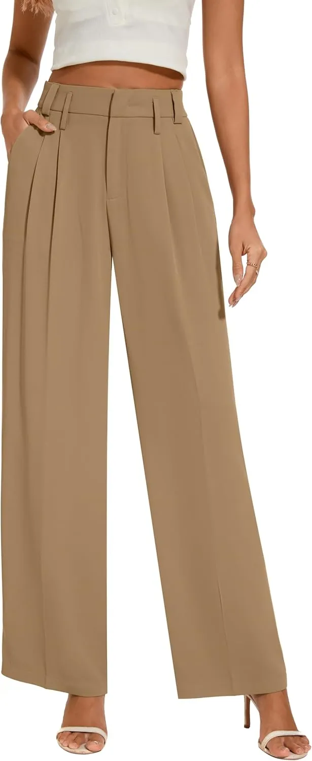 FUNYYZO Women's Loose Pleated Front Long Pants Wide Leg Trousers Solid Causal Dressy