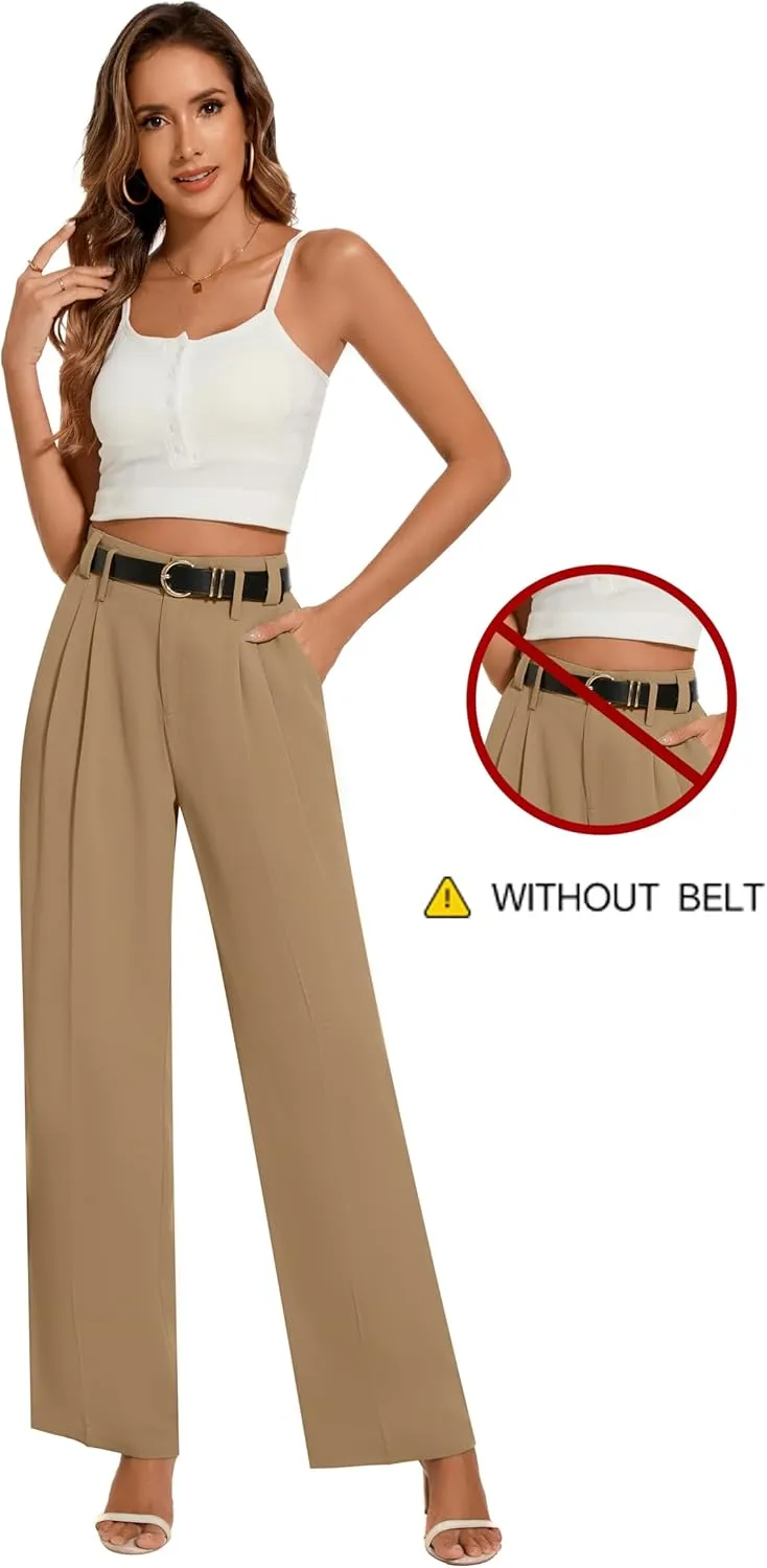 FUNYYZO Women's Loose Pleated Front Long Pants Wide Leg Trousers Solid Causal Dressy