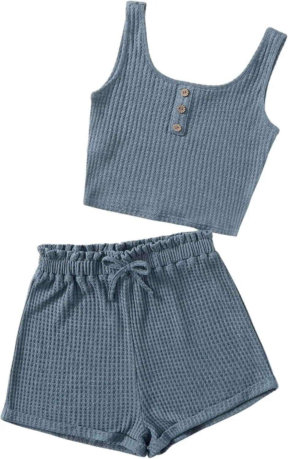 Girl's 2 Piece Outfits Waffle Knit Scoop Neck Button Down Crop Tank Tops Paperbag Waist Track Shorts