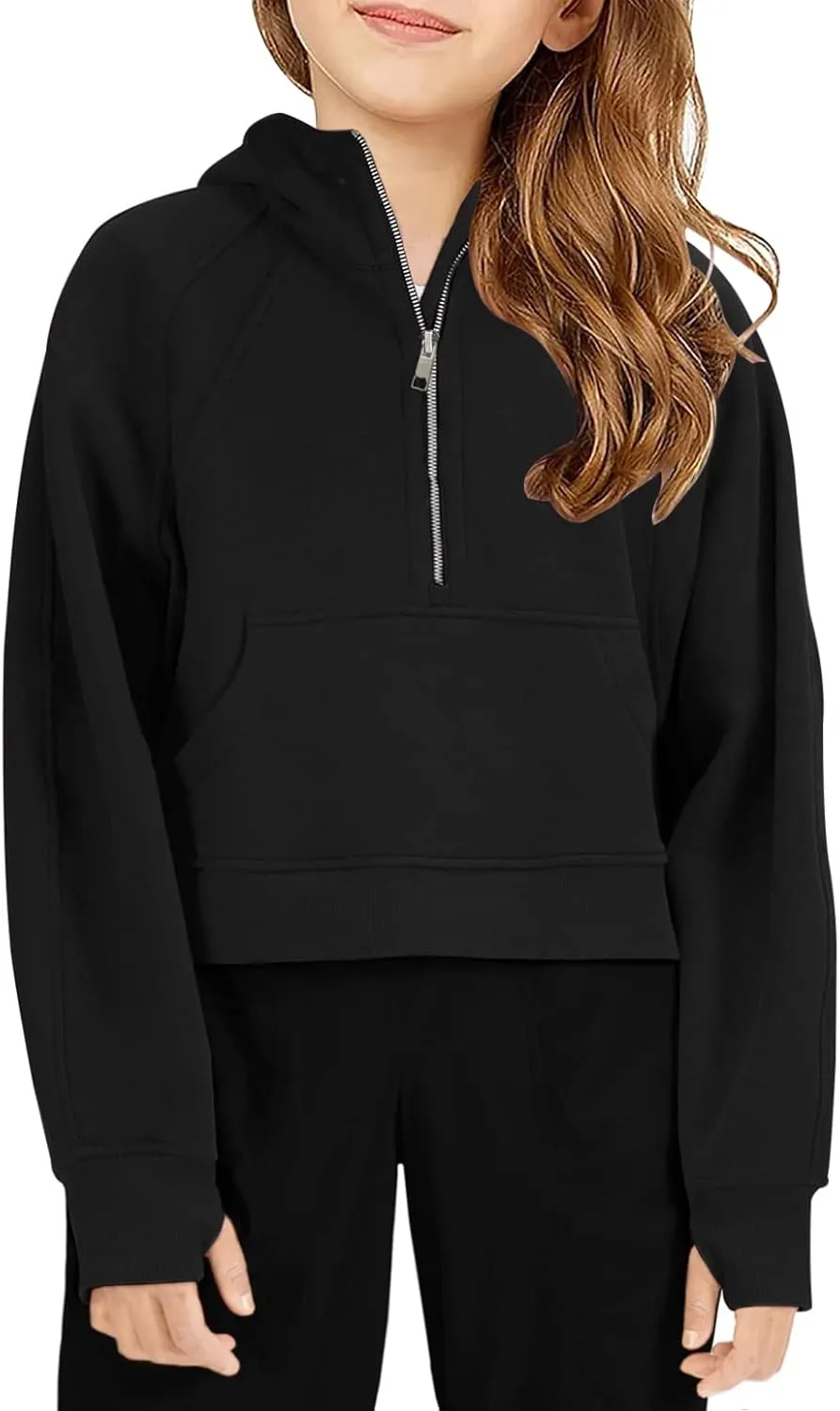 Girls Half Ziper Collar Cropped Hoodies Long Sleeve Fleece Zip Up Pullover Sweatshirts