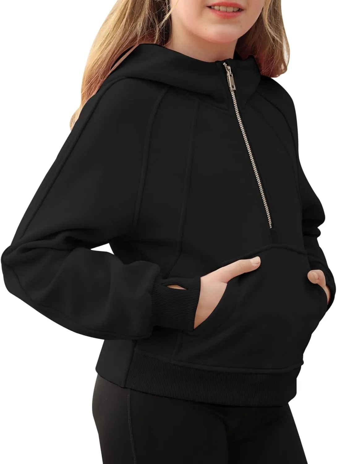 Girls Half Ziper Collar Cropped Hoodies Long Sleeve Fleece Zip Up Pullover Sweatshirts