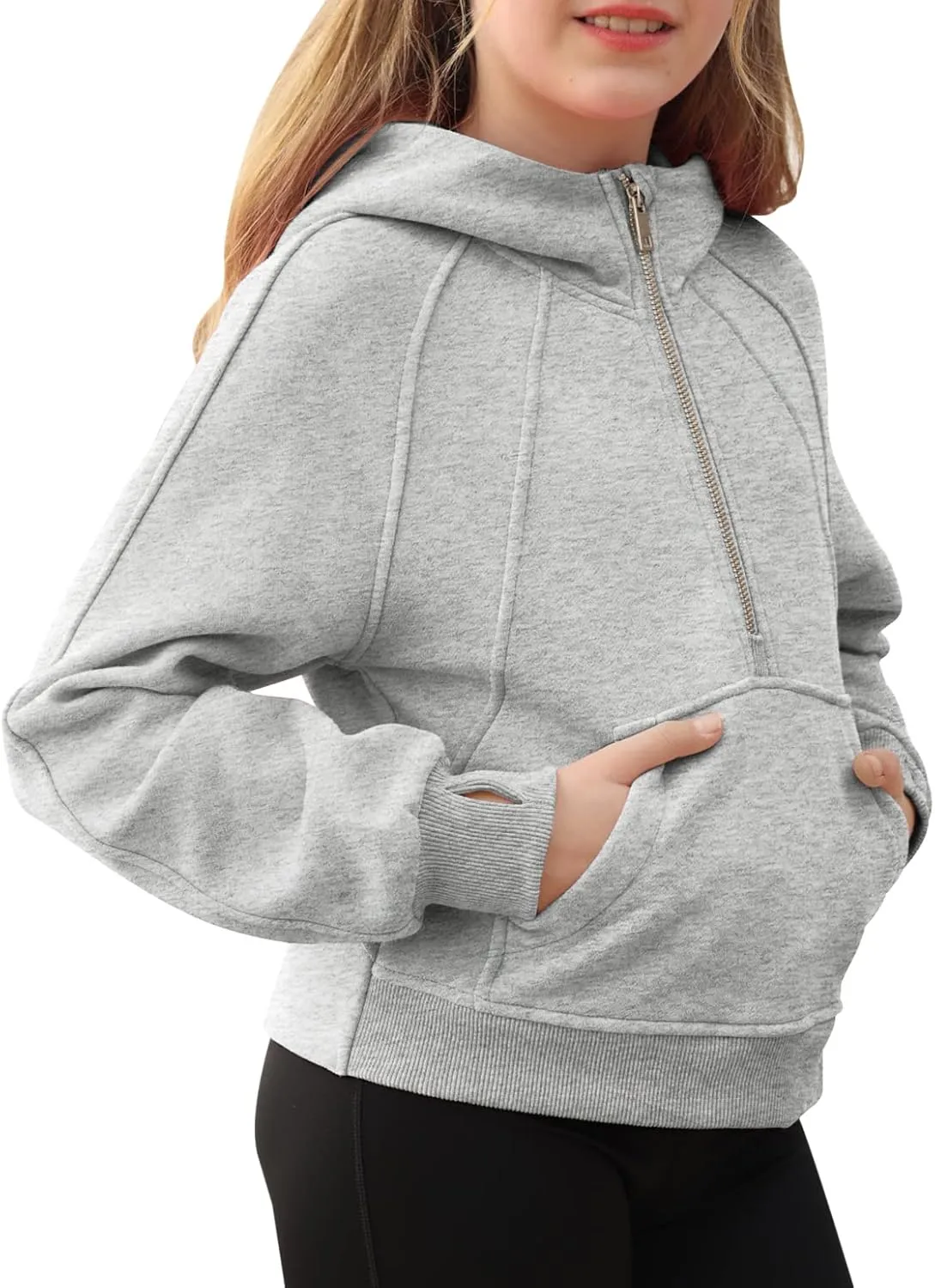Girls Half Ziper Collar Cropped Hoodies Long Sleeve Fleece Zip Up Pullover Sweatshirts