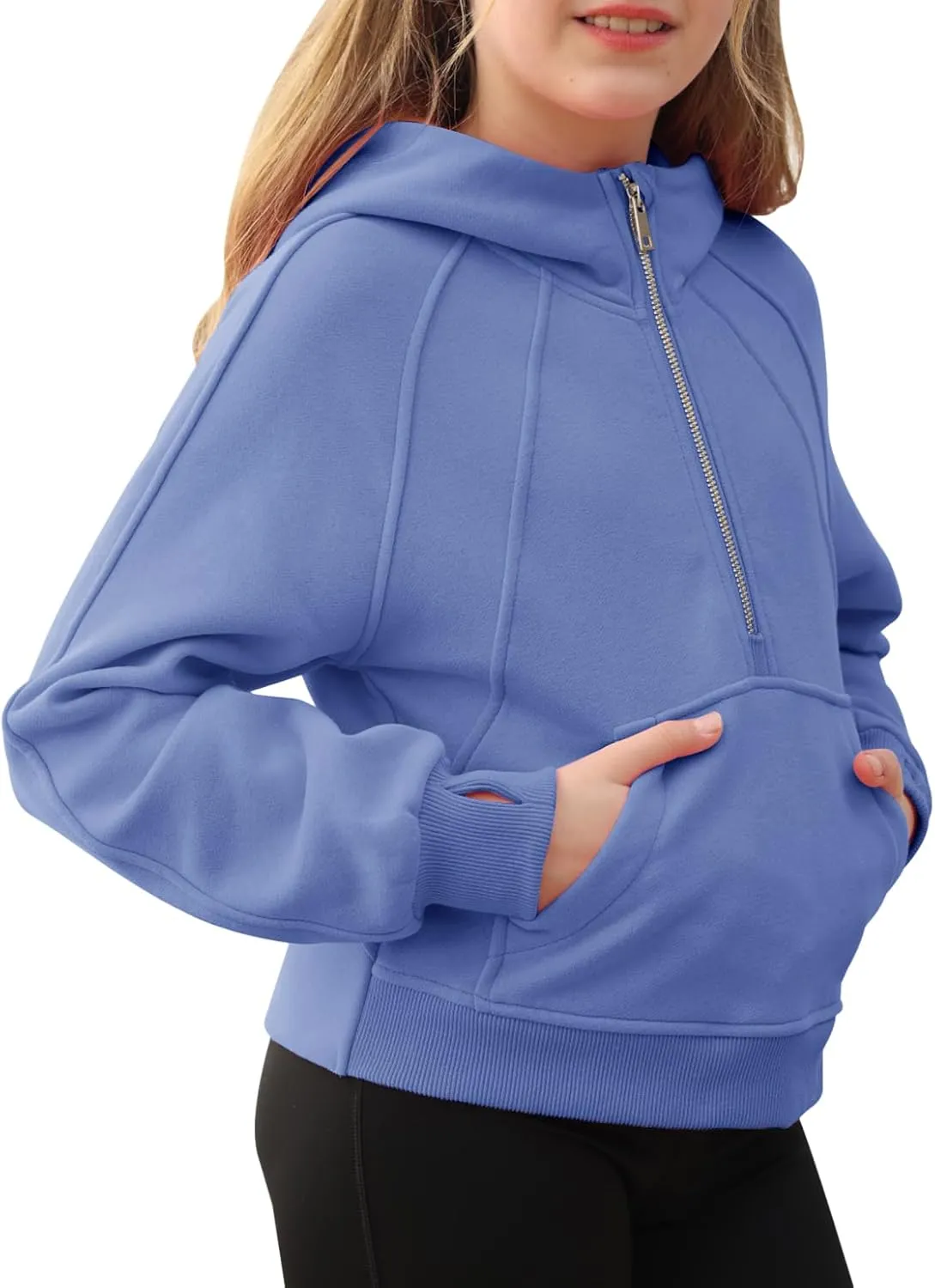 Girls Half Ziper Collar Cropped Hoodies Long Sleeve Fleece Zip Up Pullover Sweatshirts