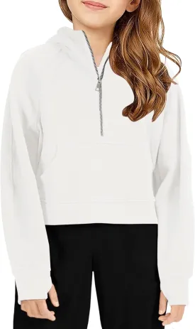 Girls Half Ziper Collar Cropped Hoodies Long Sleeve Fleece Zip Up Pullover Sweatshirts
