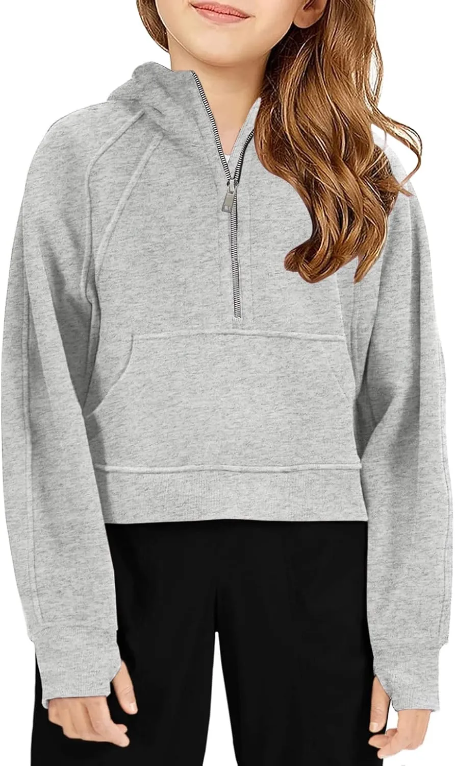 Girls Half Ziper Collar Cropped Hoodies Long Sleeve Fleece Zip Up Pullover Sweatshirts