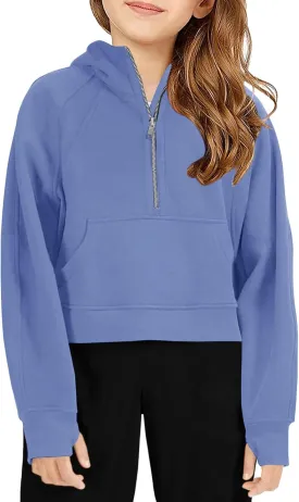 Girls Half Ziper Collar Cropped Hoodies Long Sleeve Fleece Zip Up Pullover Sweatshirts