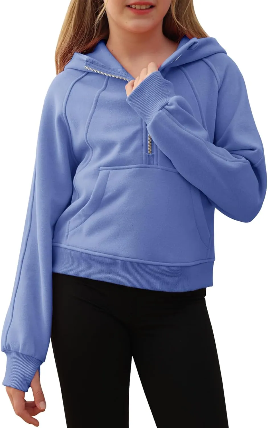 Girls Half Ziper Collar Cropped Hoodies Long Sleeve Fleece Zip Up Pullover Sweatshirts