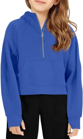 Girls Half Ziper Collar Cropped Hoodies Long Sleeve Fleece Zip Up Pullover Sweatshirts
