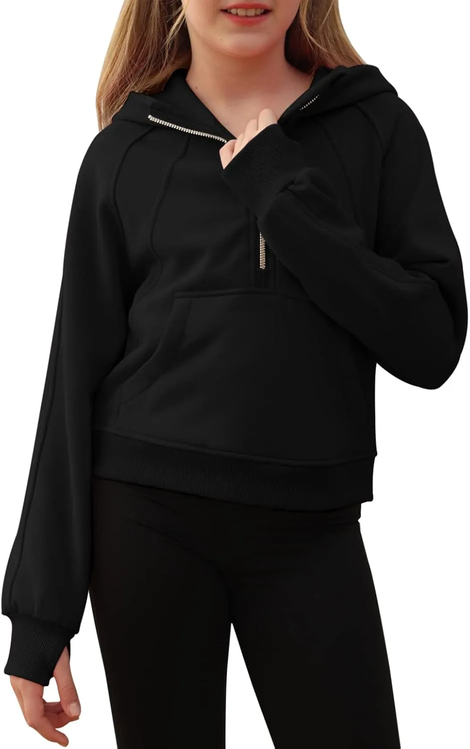 Girls Half Ziper Collar Cropped Hoodies Long Sleeve Fleece Zip Up Pullover Sweatshirts