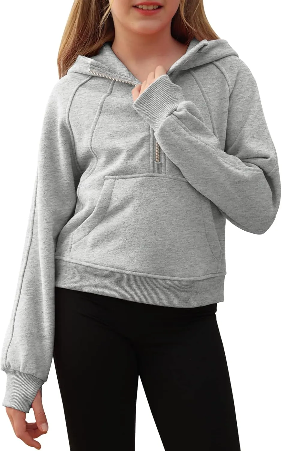 Girls Half Ziper Collar Cropped Hoodies Long Sleeve Fleece Zip Up Pullover Sweatshirts