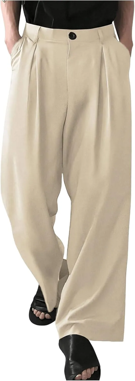 GORGLITTER Men's Pleated Wide Leg Pants Straight High Waisted Work Pants Trousers with Pocket