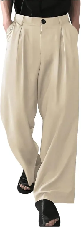 GORGLITTER Men's Pleated Wide Leg Pants Straight High Waisted Work Pants Trousers with Pocket