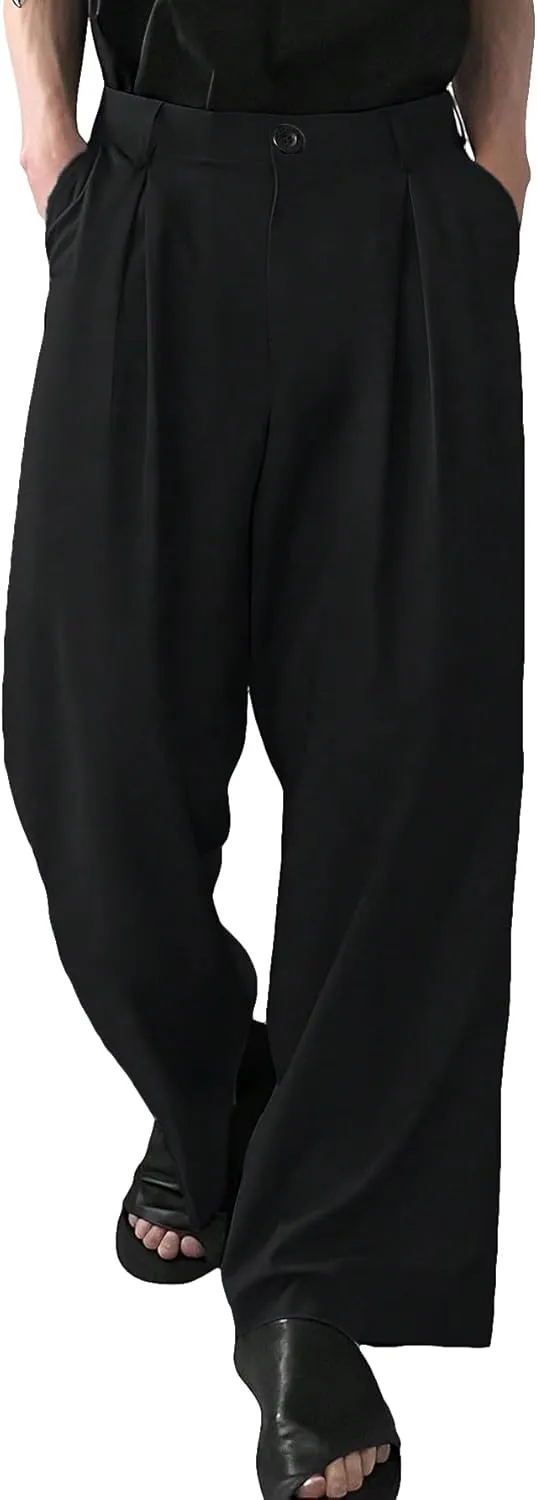 GORGLITTER Men's Pleated Wide Leg Pants Straight High Waisted Work Pants Trousers with Pocket