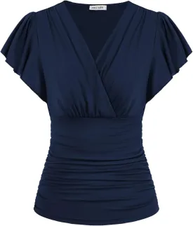 GRACE KARIN 2025 Womens Tops Summer Wrap Blouse V Neck Ruffle Sleeve Dressy Casual Top Ruched Trendy Clothes