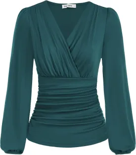 GRACE KARIN 2025 Womens Tops Summer Wrap Blouse V Neck Work Shirt Long Sleeve Dressy Casual Ruched Top Trendy Fashion Outfits