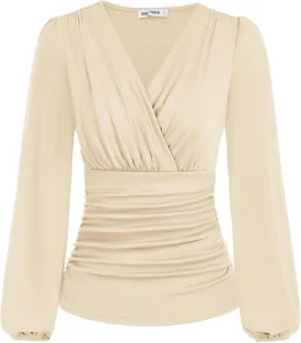 GRACE KARIN 2025 Womens Tops Summer Wrap Blouse V Neck Work Shirt Long Sleeve Dressy Casual Ruched Top Trendy Fashion Outfits