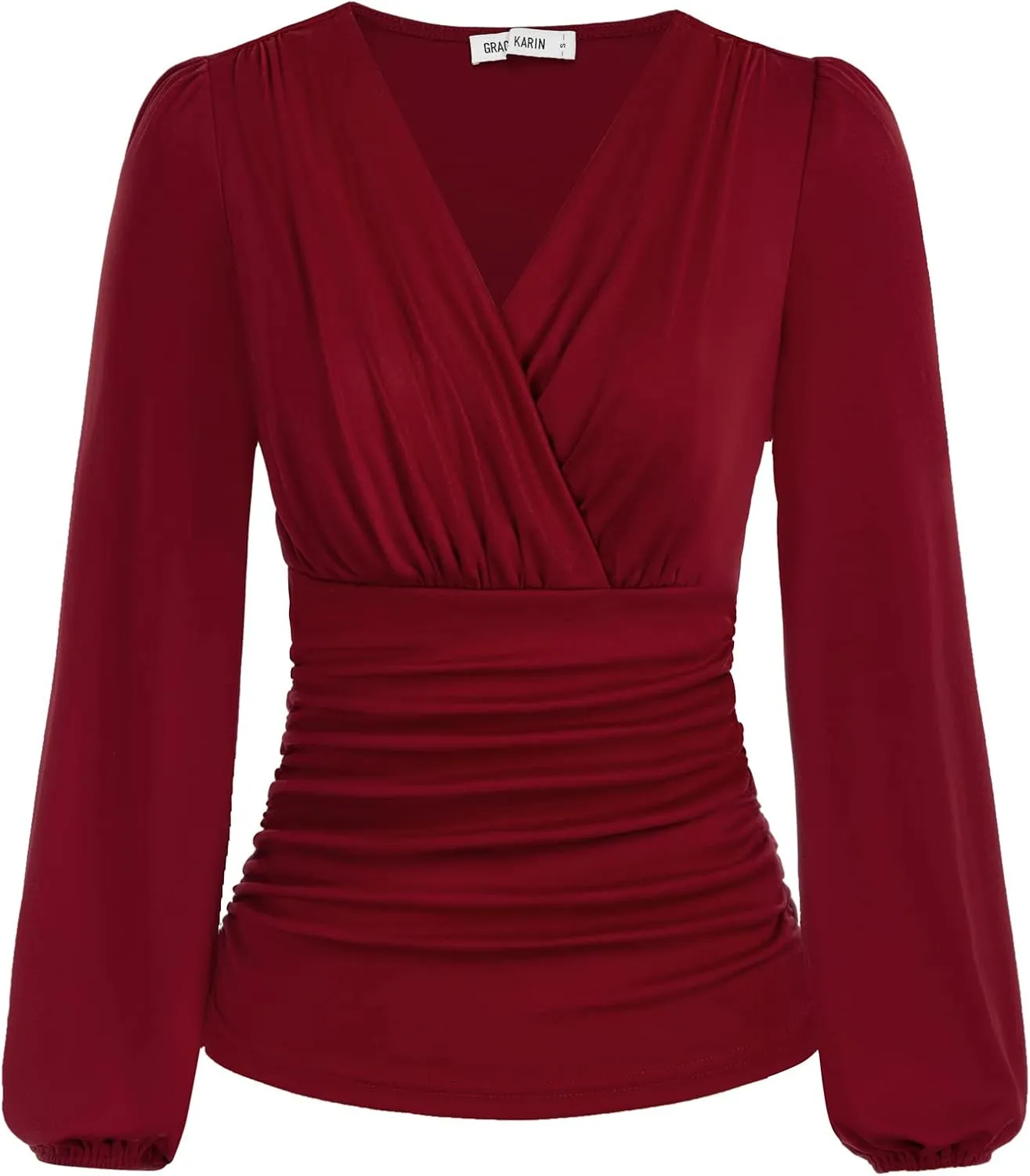 GRACE KARIN 2025 Womens Tops Summer Wrap Blouse V Neck Work Shirt Long Sleeve Dressy Casual Ruched Top Trendy Fashion Outfits
