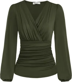 GRACE KARIN 2025 Womens Tops Summer Wrap Blouse V Neck Work Shirt Long Sleeve Dressy Casual Ruched Top Trendy Fashion Outfits
