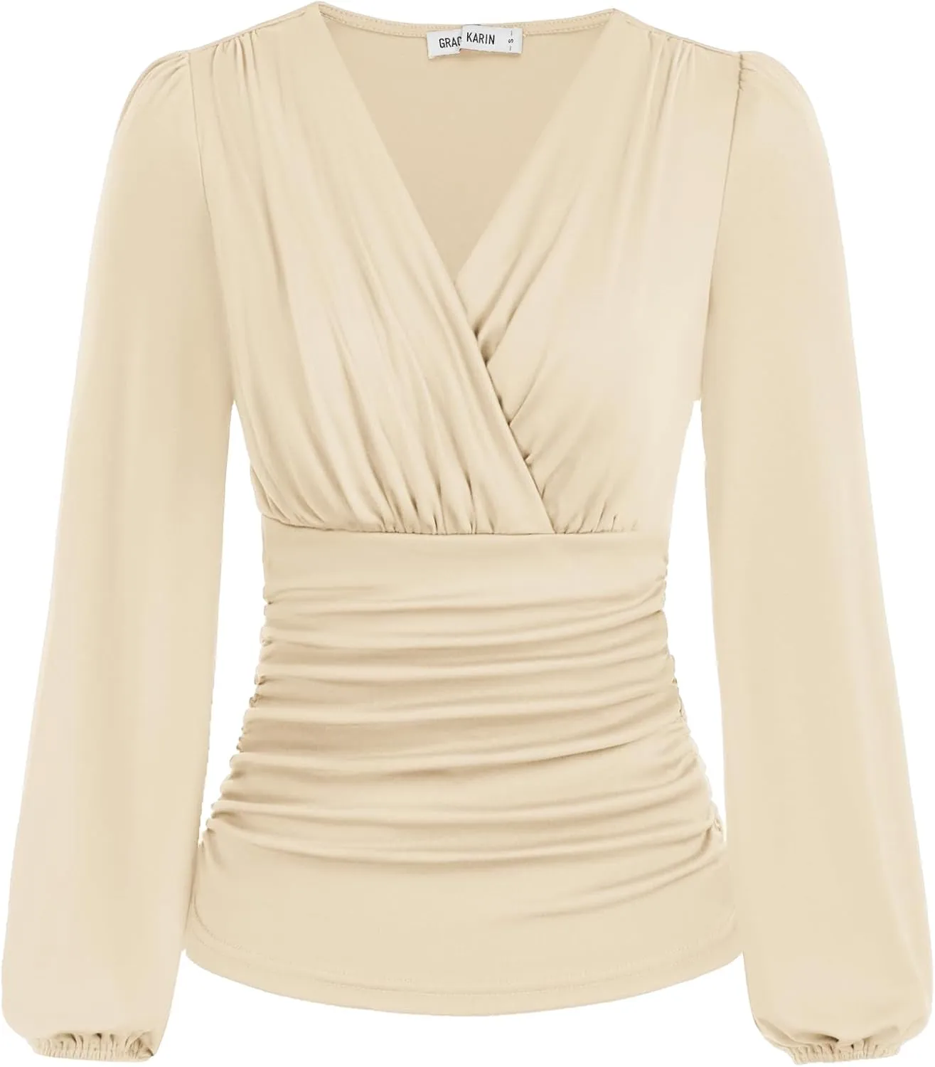 GRACE KARIN 2025 Womens Tops Summer Wrap Blouse V Neck Work Shirt Long Sleeve Dressy Casual Ruched Top Trendy Fashion Outfits