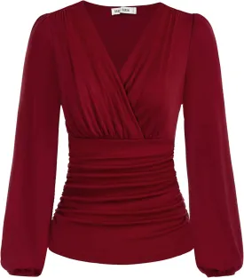 GRACE KARIN 2025 Womens Tops Summer Wrap Blouse V Neck Work Shirt Long Sleeve Dressy Casual Ruched Top Trendy Fashion Outfits