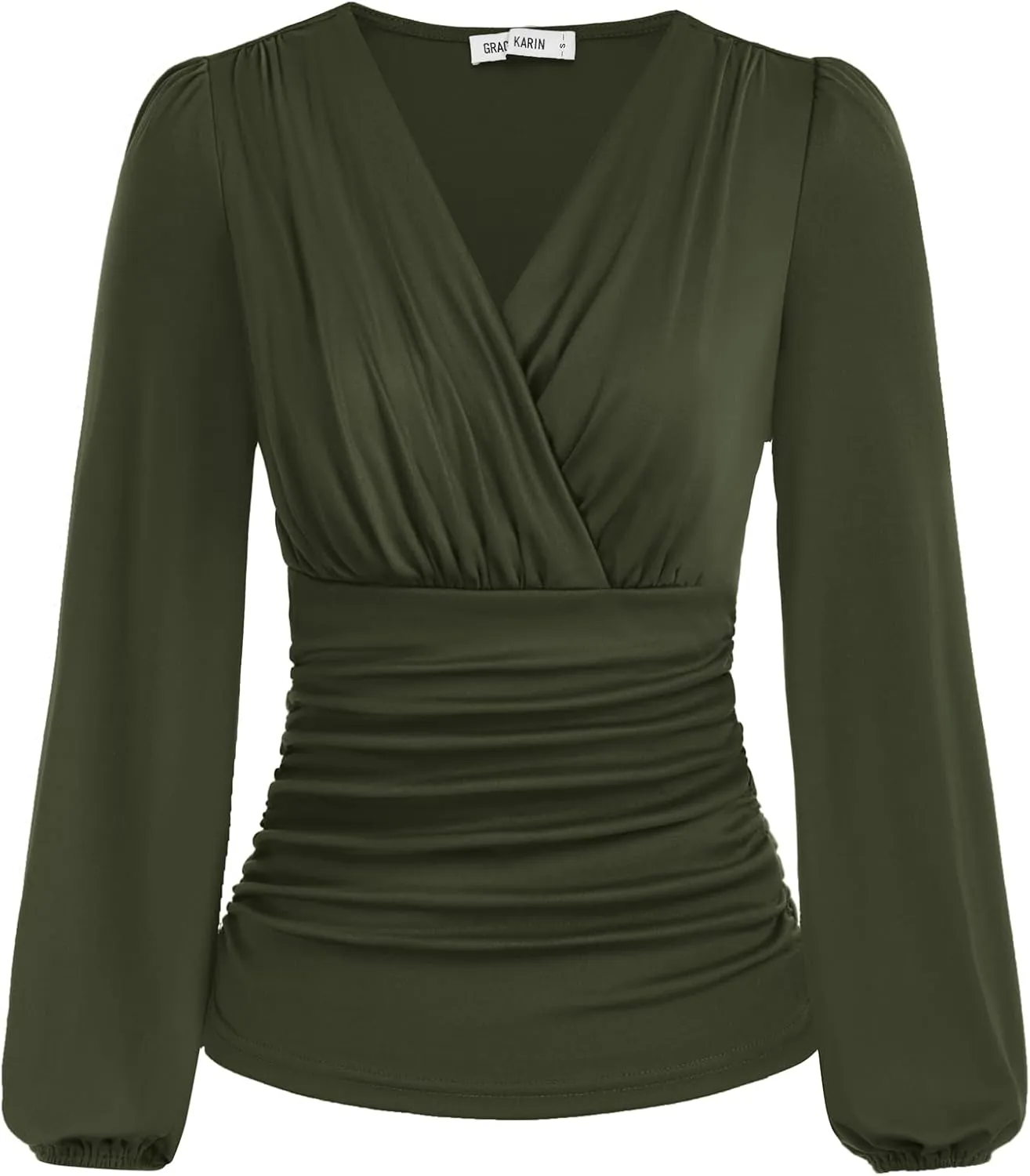 GRACE KARIN 2025 Womens Tops Summer Wrap Blouse V Neck Work Shirt Long Sleeve Dressy Casual Ruched Top Trendy Fashion Outfits